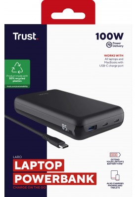 Trust Акумулятор портативний літій-іонний power bank Laro, 20000 мА·рік, USB-A/2хUSB-C, 100w, чорний