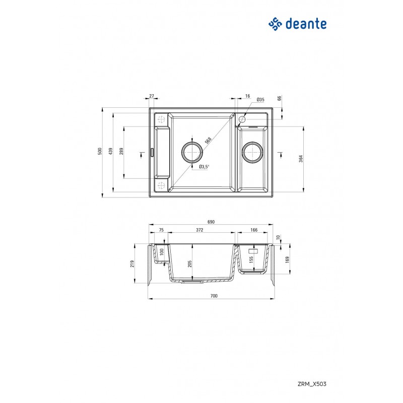 Deante Мийка кухонна Magnetic, граніт, прямокутник, без крила, 690х500х219мм, чаша - 1.5, накладна, алебастр