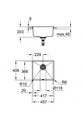 Grohe Мийка кухонна K700U, граніт, прямокут., без крила, 457x406x203мм, чаша - 1, врізна/під стільницю, чорний граніт