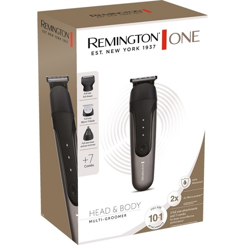 Remington Тример One, для бороди, вусів, голови, носа та тіла, акум., насадок-10, 60 хвил роботи, сталь, чорний