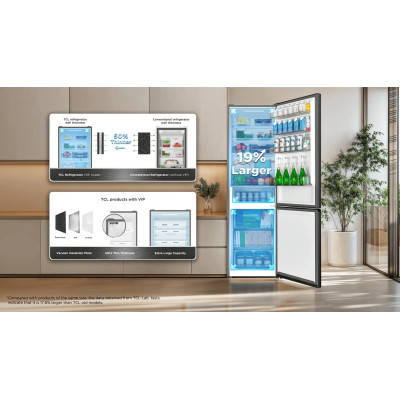 TCL ref with bottom freezer, 201x60x68, ref-314l, freez.-142l, 2doors, E, NF, inv, дисплей ext, fresh zone, variable zone, inox TCL ref with bottom freezer, 201x60x68, ref-314l, freez.-142l, 2doors, E, NF, inv, дисплей ext, fresh zone, variable zone, inox