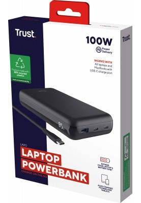 Trust Акумулятор портативний літій-іонний power bank Laro, 20000 мА·рік, USB-A/2хUSB-C, 100w, чорний