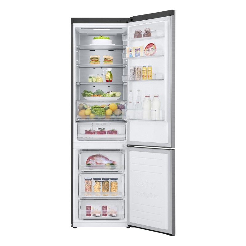 LG Холодильник з нижн. мороз., 203x60х68, холод.відд.-277л, мороз.відд.-107л, 2дв., А++, NF, інв., диспл зовн., зона св-ті, Metal Fresh, сріблястий