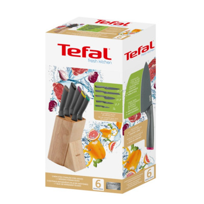 Tefal Набір ножів Fresh Kitchen, дерев'яна колода, 5шт, нержавіюча сталь, пластик, дерево, чорний