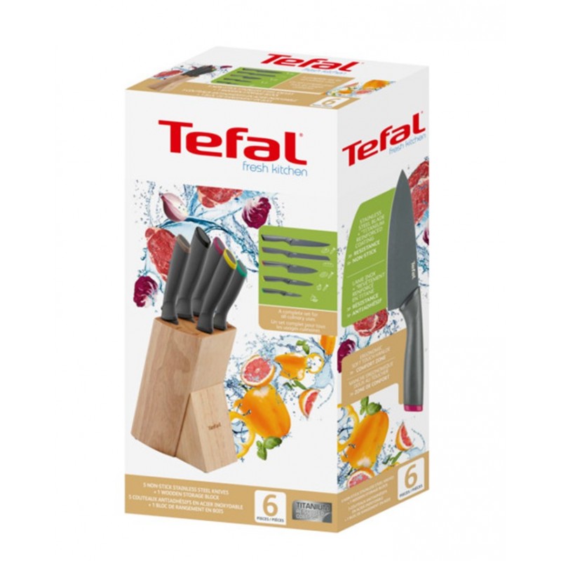 Tefal Набір ножів Fresh Kitchen, дерев'яна колода, 5шт, нержавіюча сталь, пластик, дерево, чорний