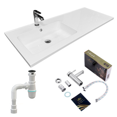 Adamant Набір для ванної кімнати, раковина, умивальник FLATE 120L, штучний камінь, прямокут., з сифоном Click-Clack + змішувач