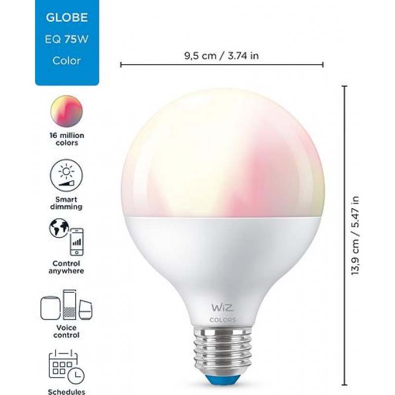 WiZ Лампа розумна E27, 11W, 75W, 1055Lm, G95, 2200-6500, RGB, Wi-Fi