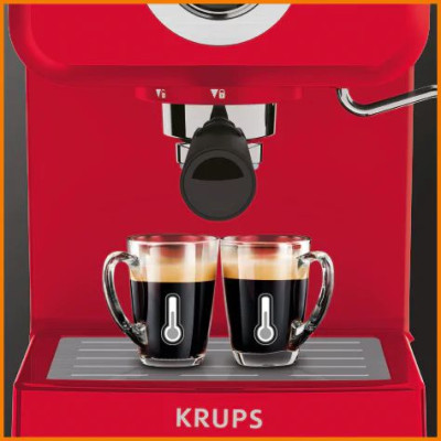 Krups Кавоварка ріжкова OPIO, 1.5л, мелена, ручний капуч, підігрів чашок, червоний