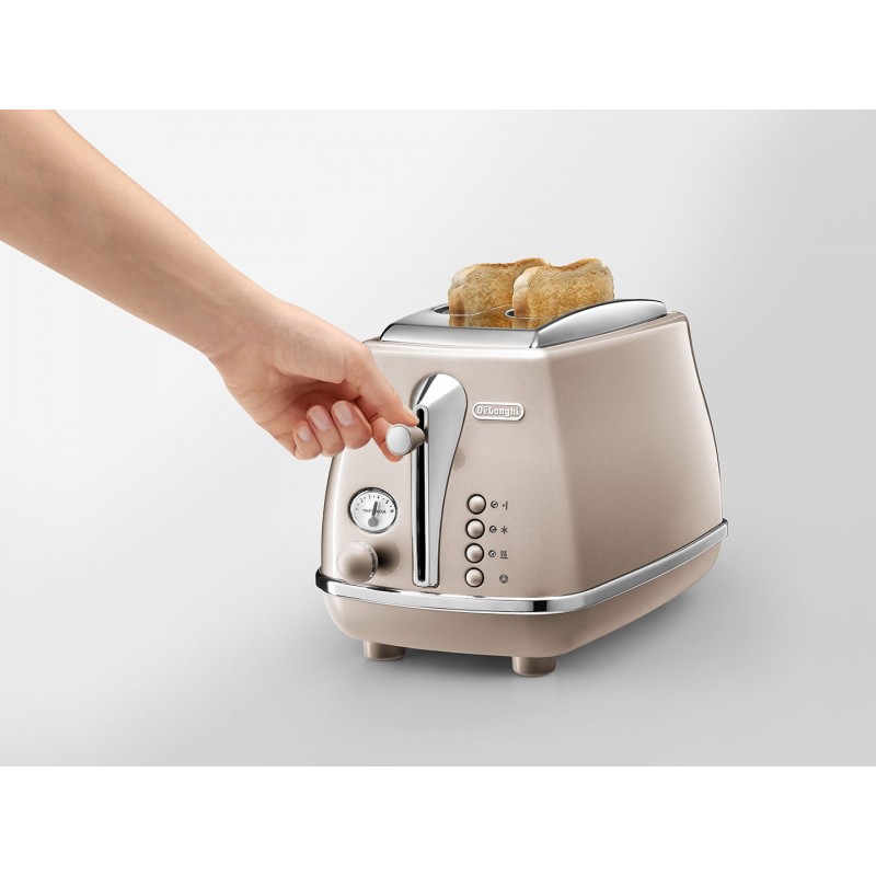 Delonghi Тостер Icona Metallics 900Вт, метал, односторонній підігрів, бежевий