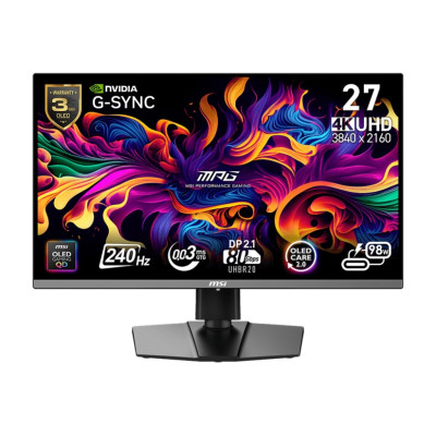 MSI Монітор 26.5" MPG 272URX QD-OLED 2xHDMI, DP, 2xUSB, USB-C, Audio, OLED, 3840x2160, 240Hz, 0.03ms, DCI-P3 99%, AdaptiveSync, Pivot, HDR400
