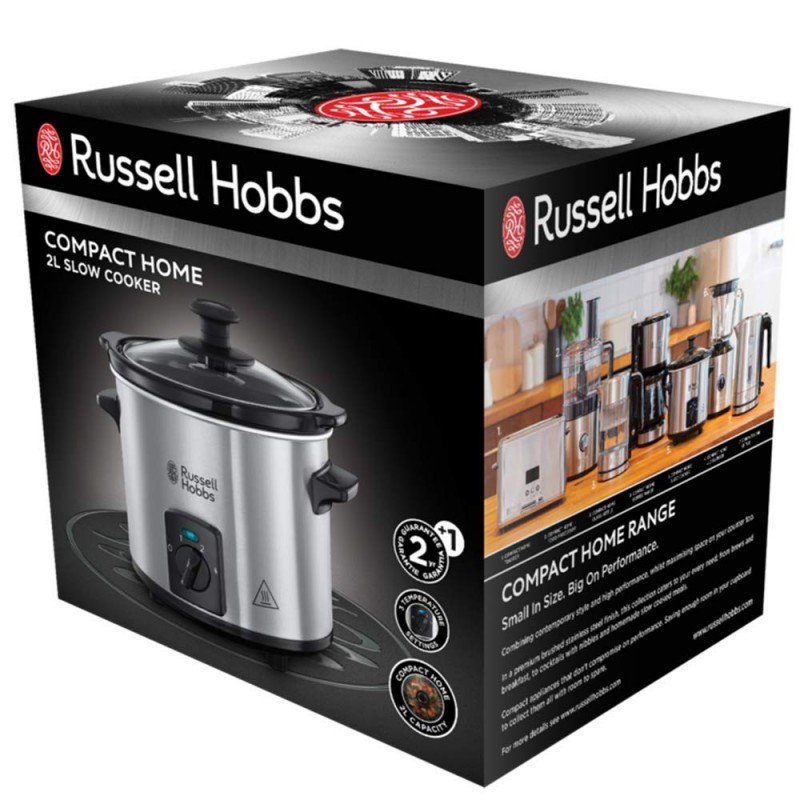 Russell Hobbs Повільноварка Compact Home, 145Вт, чаша-2л, механічне керування, знімна кришка, нерж. сталь, сірий