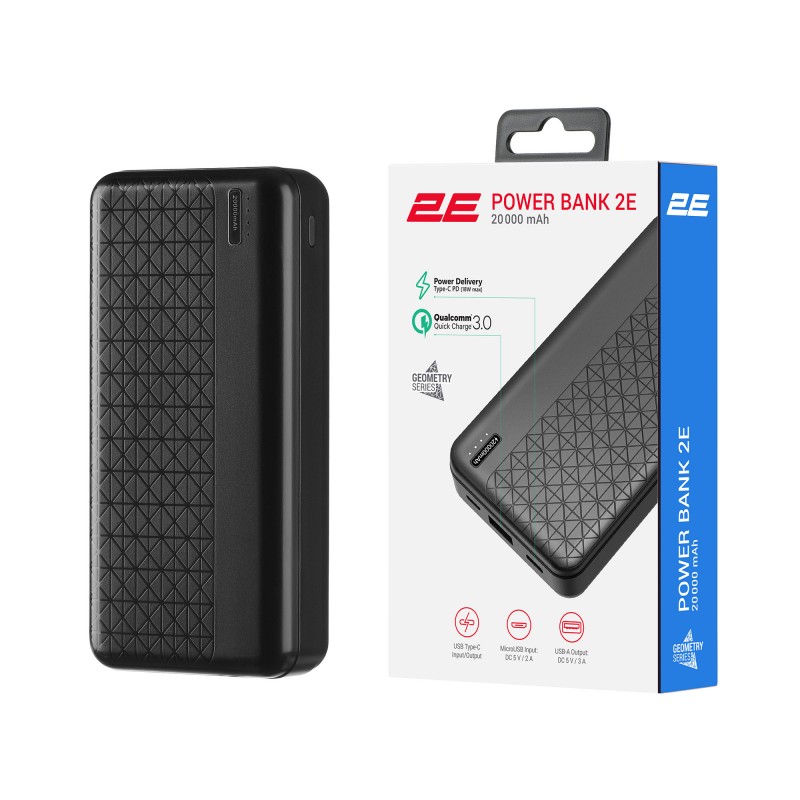 2E Портативний зарядний пристрій 20000mAh, Geometry, PD+QC 3.0 18W, black