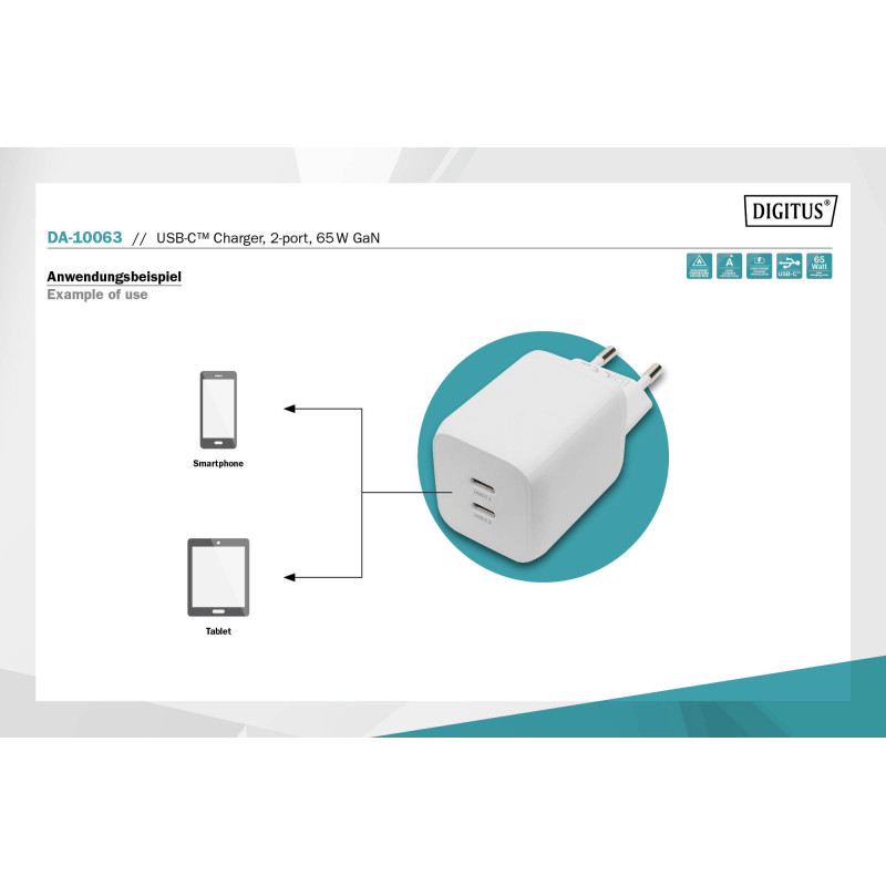 Digitus Зарядний пристрій 2хUSB-C, 65W, GaN