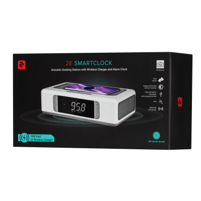 2E Акустична док-станція SmartClock Wireless Charging, Alarm Clock, Bluetooth, FM, USB, AUX White
