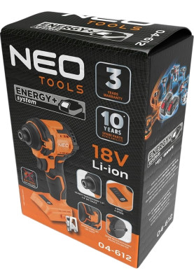 Neo Tools Гайковерт ударний Energy+ 18В безщітковий 3600об·хв 300Нм 1/4" 4 швидкості 0.85кг без АКБ та ЗП