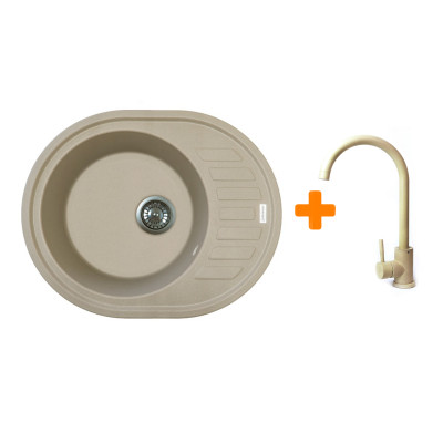 Adamant Мийка кухонная Ovum, штучний камінь, овальна, з крилом, 615х495х200мм, чаша - 1, врізна, Сахара + змішувач