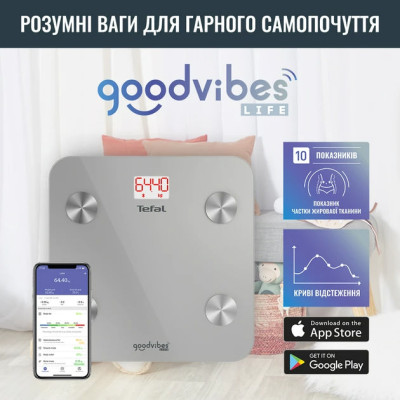 Tefal Ваги підлогові Goodvibes Life, 160кг, Bluetooth, AAAx3 в комплекті, скло, сірий