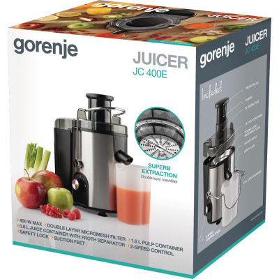 Gorenje Соковитискач відцентрований 400Вт, чаша-0.6л, макуха-1.6л, жолоб на ціле яблуко, пластик/метал, чорний