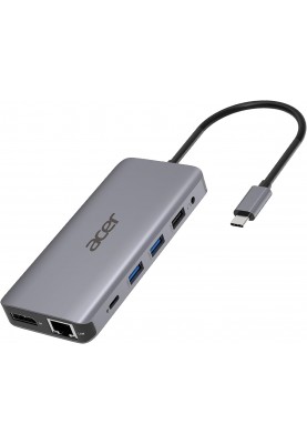 Acer Хаб USB-С > 2xUSB-A3.2/2xUSB-A2.0/SD/TF/2xHDMI/1xDP/1xRJ45/mini-jack, 0.15м, сірий