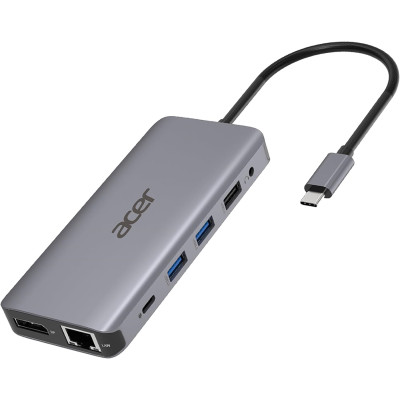 Acer Хаб USB-С > 2xUSB-A3.2/2xUSB-A2.0/SD/TF/2xHDMI/1xDP/1xRJ45/mini-jack, 0.15м, сірий