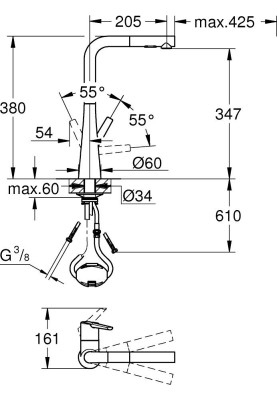 Grohe Змішувач для кухні Scala, довж.виливу - 205мм, поворотний/витяжний, 1важіль, супер сталь