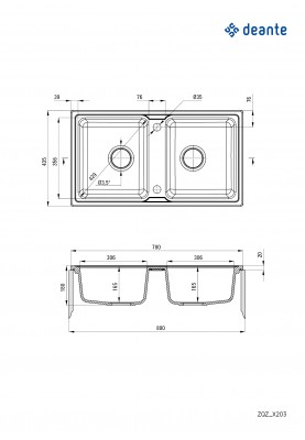 Deante Мийка кухонна Zorba, граніт, прямокут., без крила, 780х435х180мм, чаша - 2, накладна, чорний матовий