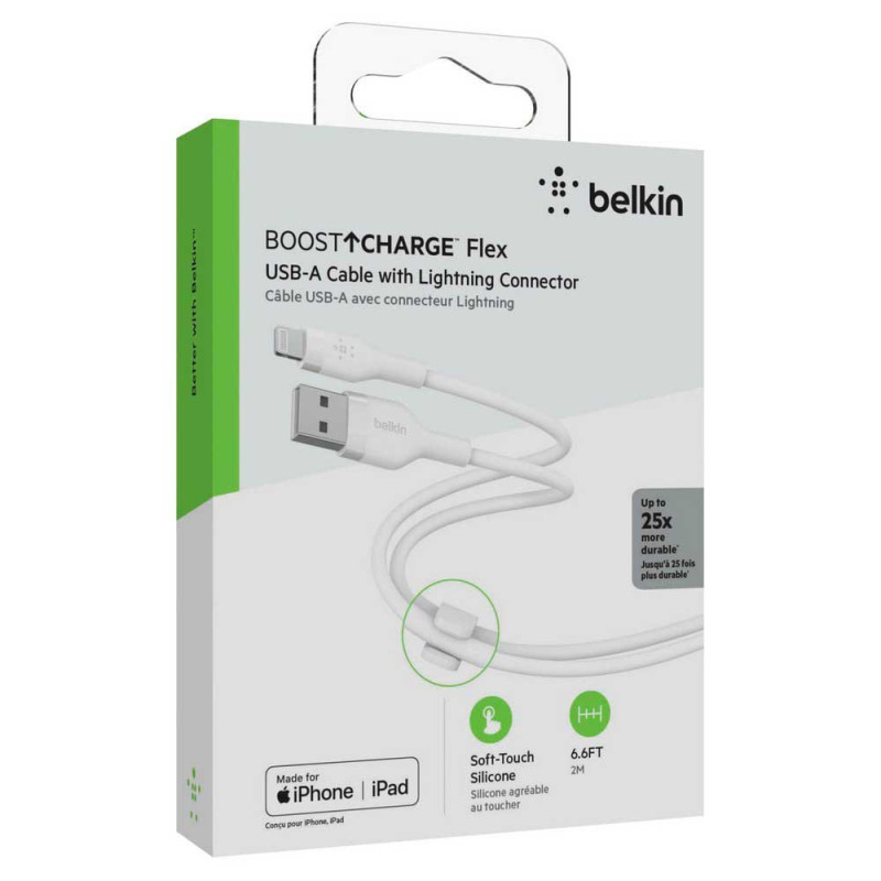 Belkin Кабель заряджання/синхронізації USB-A > Lightning, 2м, силіконовий з кліпсою, білий