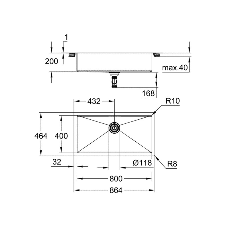 Grohe Мийка кухонна K700, нерж.сталь, прямокут., без крила, 800x400x200мм, чаша - 1, універсальна, нержавіюча сталь