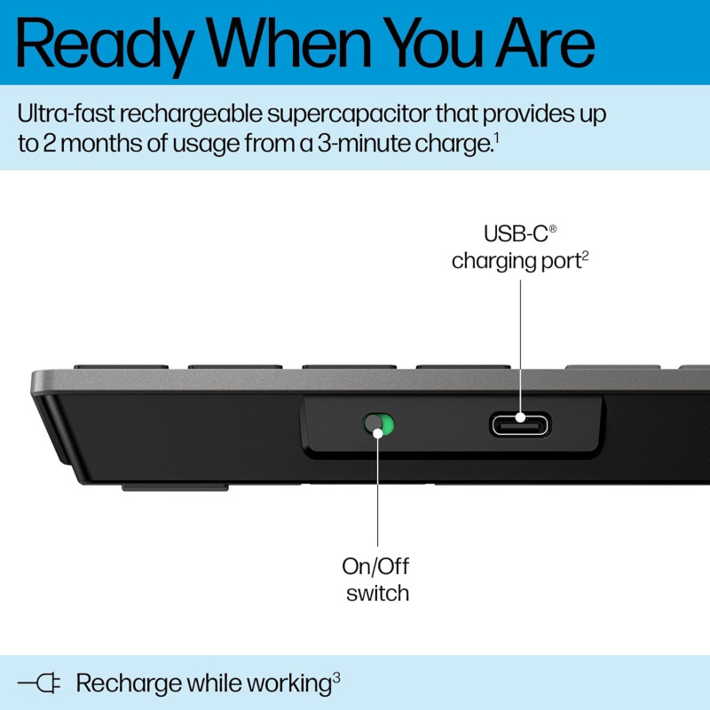 HP Клавіатура мембранна 720 Multi-Device Rechargeable, 109key, WL/BT, EN/UK, чорний