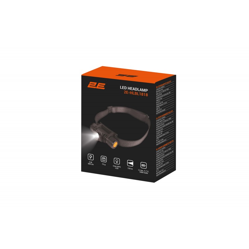 2E Ліхтар налобний акумуляторний HLBL1818, USB-C, 1800мА•год, 500лм, 5Вт, багаторежимний