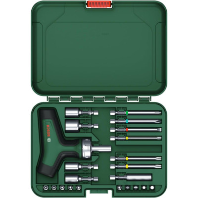 Bosch Викрутка з тріскачкою, т-підлібне руків'я, 20 насадок, 109мм, кейс, сталь CrV