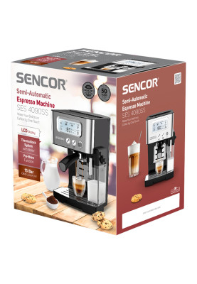 Sencor Кофеварка ріжкова 1.4л, мелена, автоматичний капучинатор, LCD-дисплей, нерж. сталь-чорний