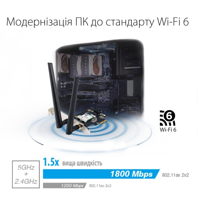 ASUS WiFi-адаптер PCE-AX1800 Bluetooth 5.2 PCI Express WPA3 MU-MIMO OFDMA