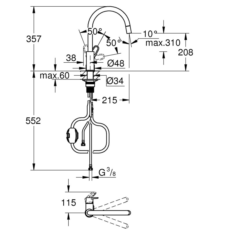 Grohe Змішувач для кухні QuickFix Start Flow, довж.виливу - 215мм, поворотний/витяжний, 1важіль, хром