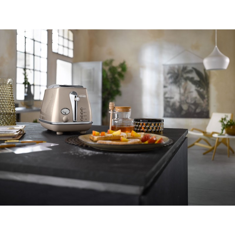 Delonghi Тостер Icona Metallics 900Вт, метал, односторонній підігрів, бежевий