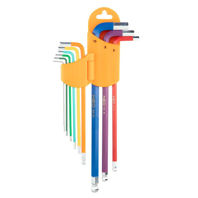 Neo Tools Ключі шестигранні, набір 9шт, кулястий наконечник, кольорові, сталь S2, 1.5-10мм