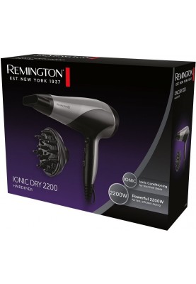 Remington Фен Ionic Dry, 2200Вт, 3 режими, дифузор,турмалинова іоніз-я, хол. обдув, сіро-чорний