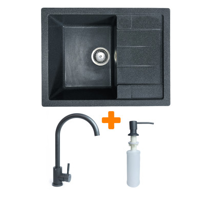 Adamant Набір кухонний Anila, штучний камінь, прямокутний, з крилом, 645х495х200мм, чаша - 1, врізна, графіт + змішувач та дозатор