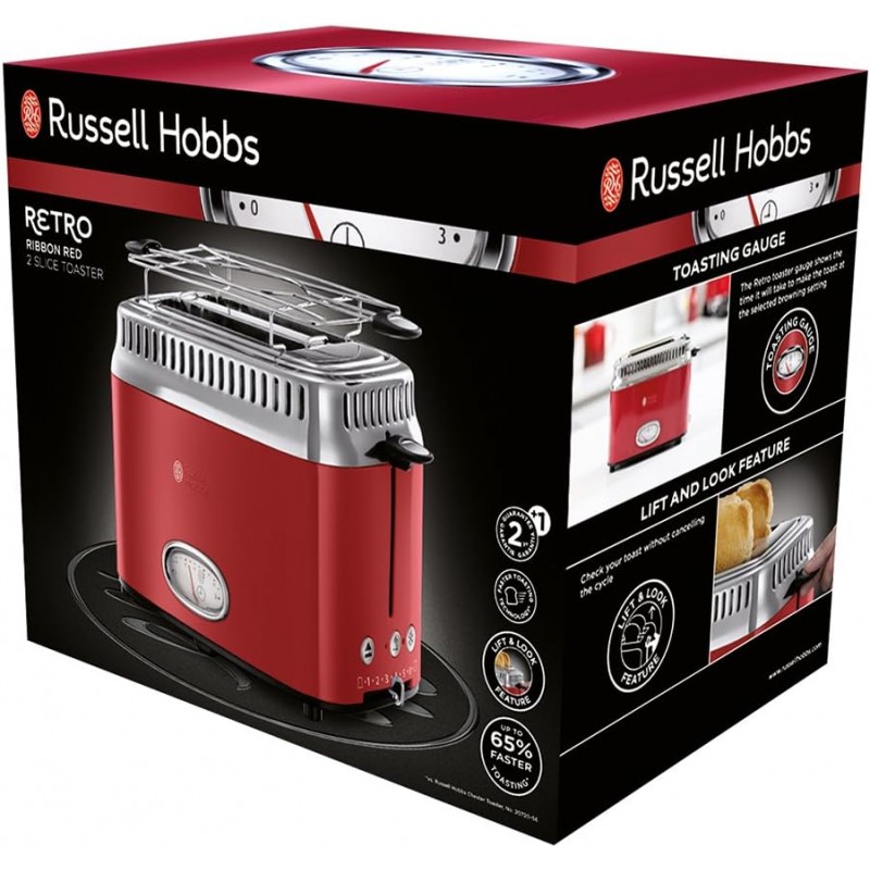 Russell Hobbs Тостер Retro, 1100Вт, метал, червоно-срібний