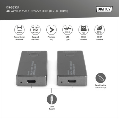 Digitus Бездротовий подовжувач USB-C > HDMI, 4K UHD, 30 м