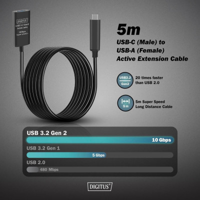 Digitus Подовжувач DIGITUS USB 3.2 Gen2 Active Cable 10G, C/M-A/F, 5м, чорний