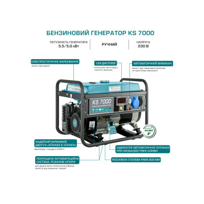 Könner & Söhnen Генератор бензиновий KS 7000, 230В, 5.5кВт, 12/8.3А, ручний запуск, 69.2кг