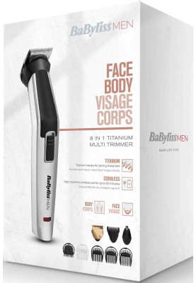 BaByliss Набір для стрижки, для бороди, вусів, голови, носа і тіла, акум., вібраційний мотор, насадок-8, чохол, сталь, сірий