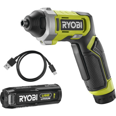 Ryobi Викрутка аккумуляторна RSD4-120T 4В USB Lithium акб 1х2А·рік 5Нм 200об·хв кейс для зберігання 10 насадок 0.37кг