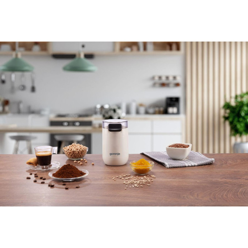 Gorenje Кавомолка роторна 150Вт, об'єм зерен-45г, 3 ступеня помолу, пластик/метал, білий