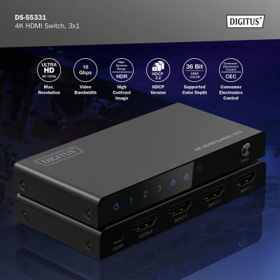 Digitus Відеокомутатор UHD HDMI (INx3 - OUTx1), 4K Digitus Відеокомутатор UHD HDMI (INx3 - OUTx1), 4K