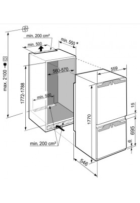 Liebherr Холодильник вбудований з нижн. мороз., 177x55.9х54.6, холод.відд.-182л, мороз.відд.-80л, 2дв., A+, ST, диспл внутр., білий