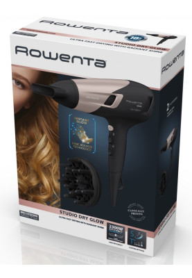 Rowenta Фен Studio Dry Glow, 2100Вт, 3 режими, дифузор, іоніз-я, хол. обдув, чорно-золотий