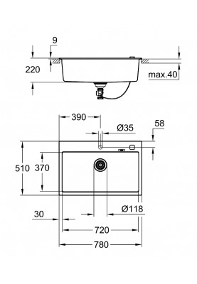 Grohe Мийка кухонна K700, граніт, прямокут., без крила, 780x510x220мм, чаша - 1, врізна, чорний граніт