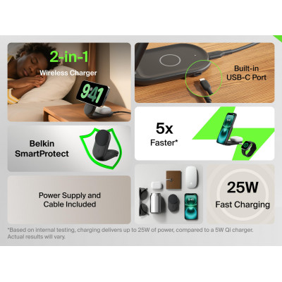 Belkin Зарядне бездротовий пристрій Belkin UltraCharge 2-in-1 Foldable Magnetic Charging 25Вт, чорний
